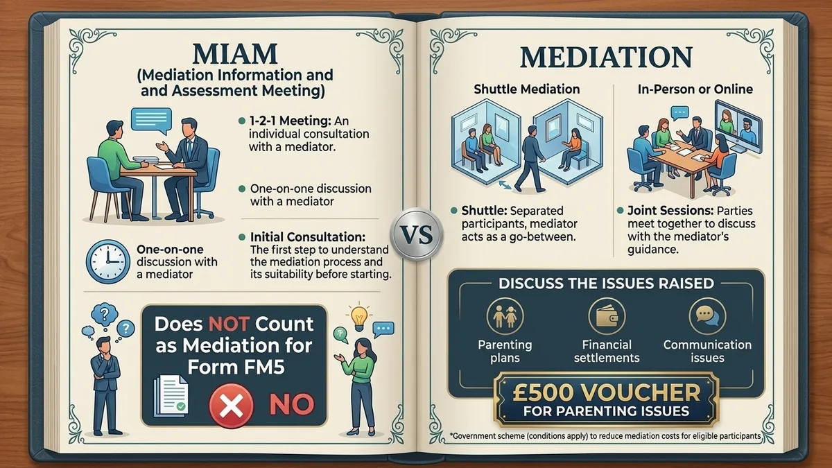 Illustrated comparison of a MIAM and family mediation side by side