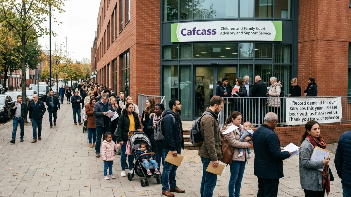 Families queuing outside a Cafcass office, illustrating rising demand for children cases in 2026