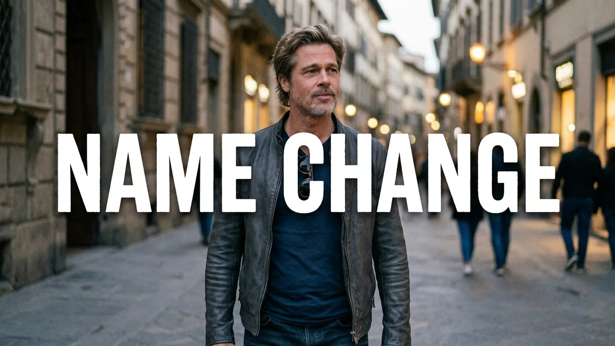 Illustration of Brad Pitt and the words name change, for a story on changing a child surname after divorce