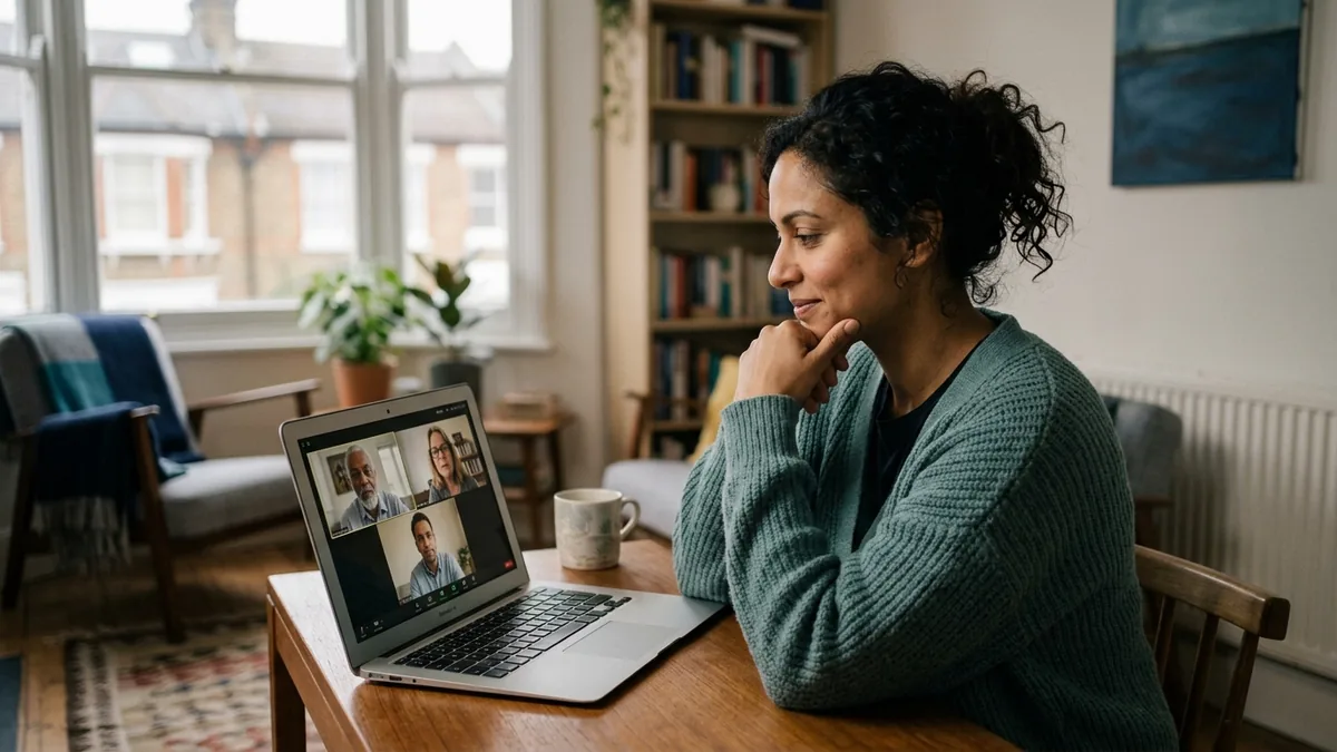 A person taking part in an online family mediation session by video call from home