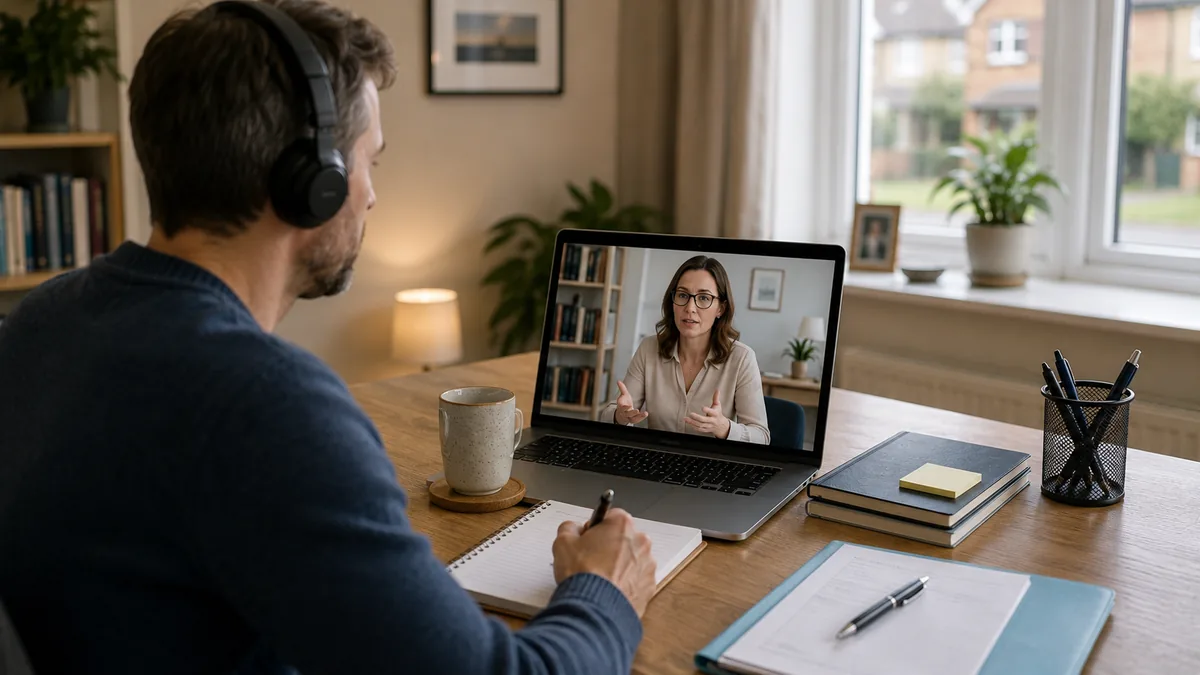 A man at a desk in a UK home office on a video call with a family mediator, wearing headphones with a mug of tea and a notepad beside the laptop