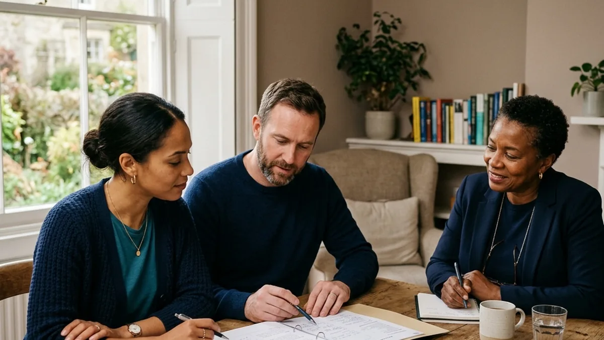A separated couple writing a parenting plan together with a mediator
