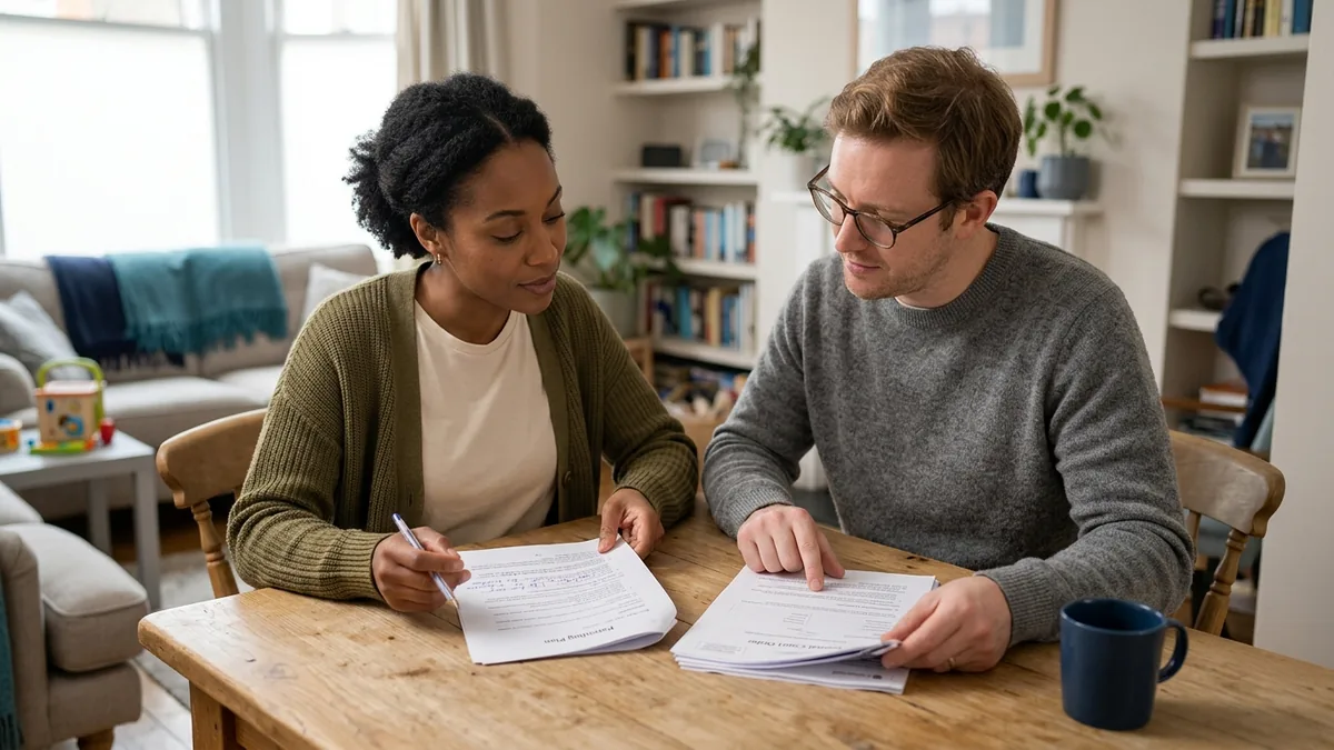 Two parents comparing a written parenting plan with a formal court order