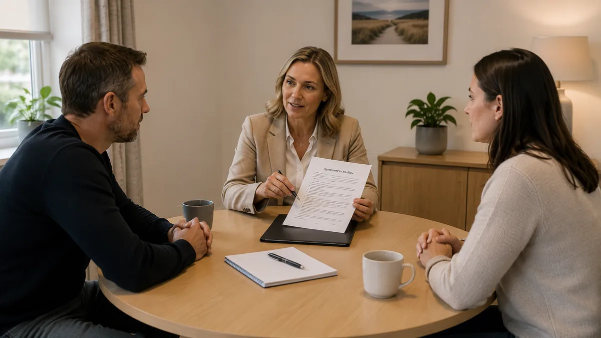 A family mediator in a light meeting room in England explaining the agreement to mediate document to a separated couple seated on opposite sides of an oval table