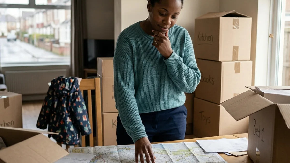 A parent looking at a map and moving boxes while thinking about arrangements for their child