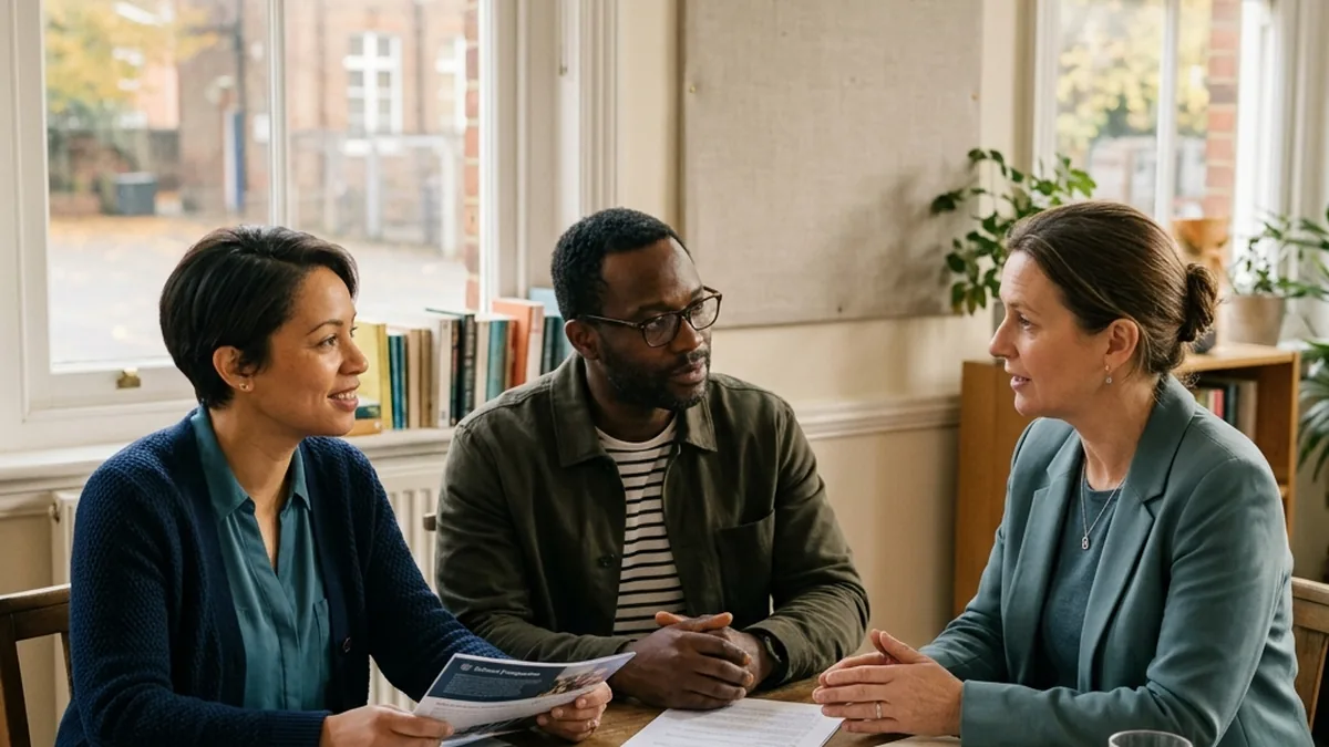 Two parents and a mediator discussing school options for their child