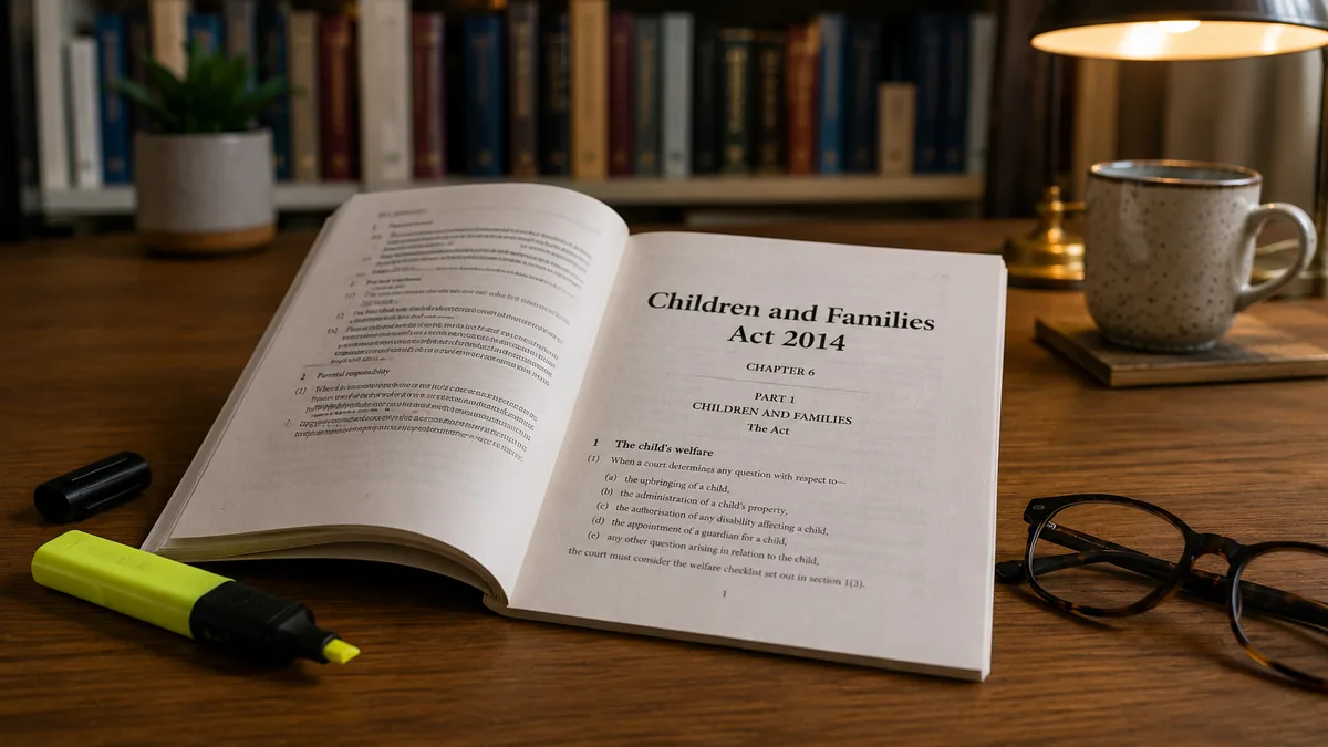 A printed copy of the Children and Families Act 2014 open on a wooden desk beside reading glasses and a highlighter, in a book-lined UK study