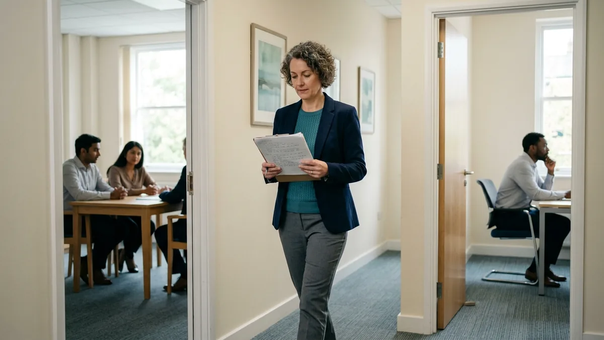 A mediator carrying notes between two separate rooms during a shuttle mediation session