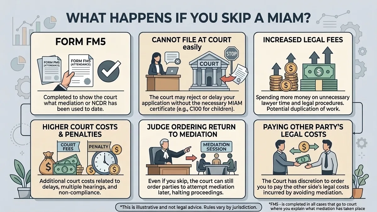 Infographic of the consequences of skipping a MIAM, from court delays to costs orders
