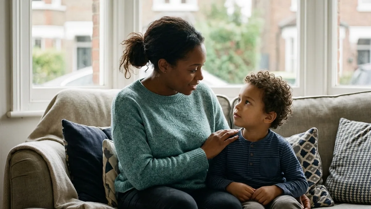 A parent sitting closely and gently talking with a young child