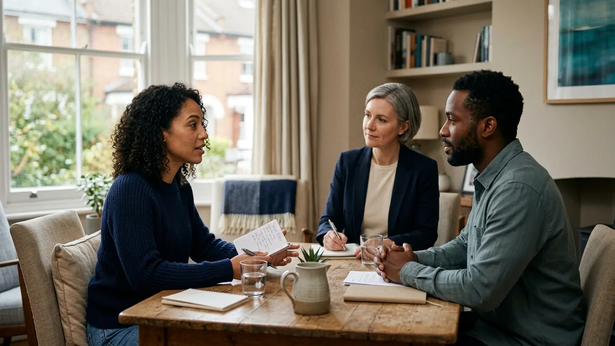 An unmarried couple discussing the ownership of their shared home with a family mediator