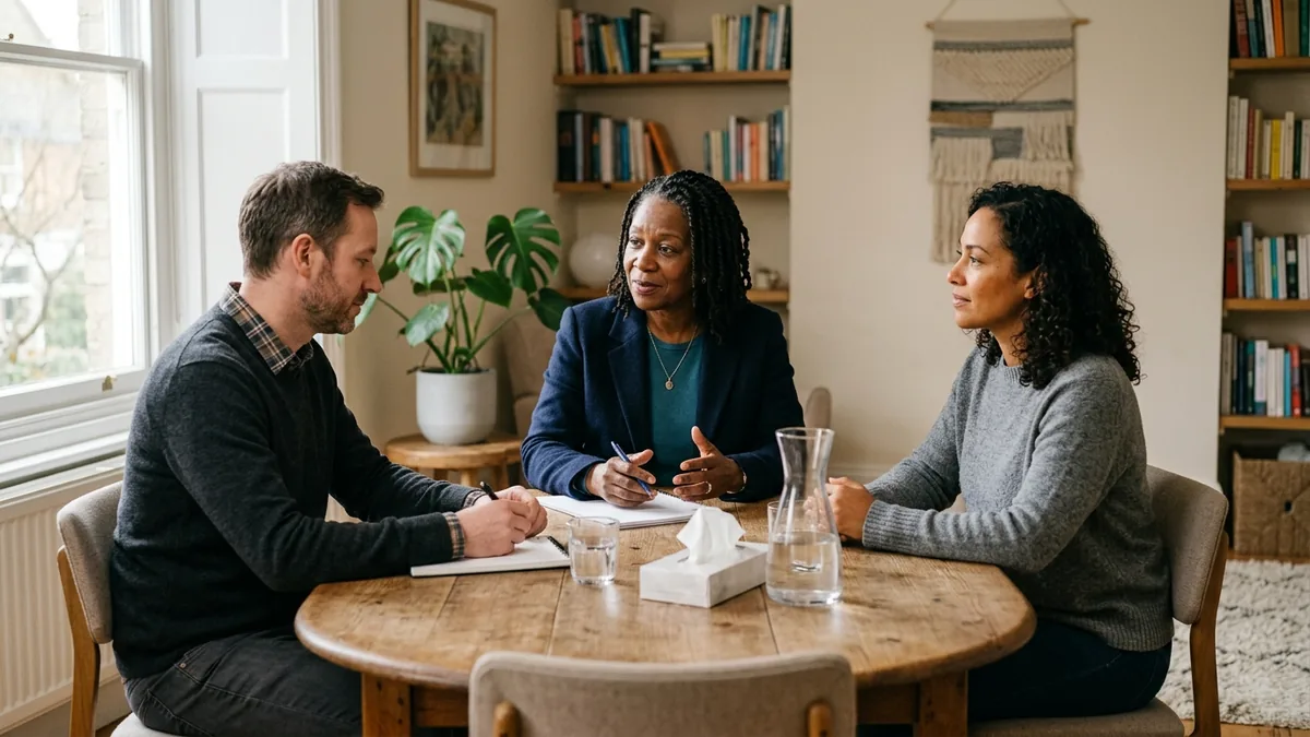 A family mediator sitting with a separating couple, guiding a calm discussion around a table