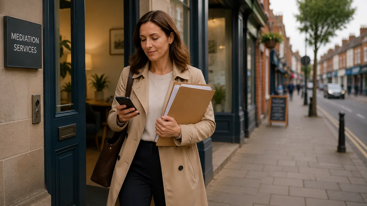 A woman leaving a mediation office on a British high street, checking her phone thoughtfully with a folder of paperwork under her arm