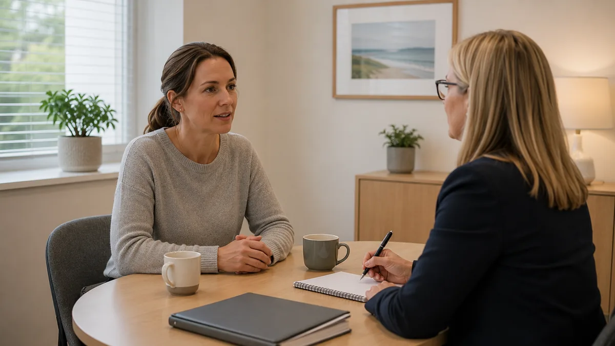 A woman in her thirties talking with a family mediator across a small table in a bright meeting room in a UK office, a notepad and two cups of tea between them
