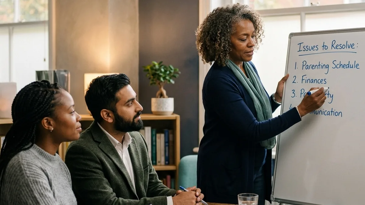 A separating couple and a mediator listing the issues they want to resolve on a whiteboard