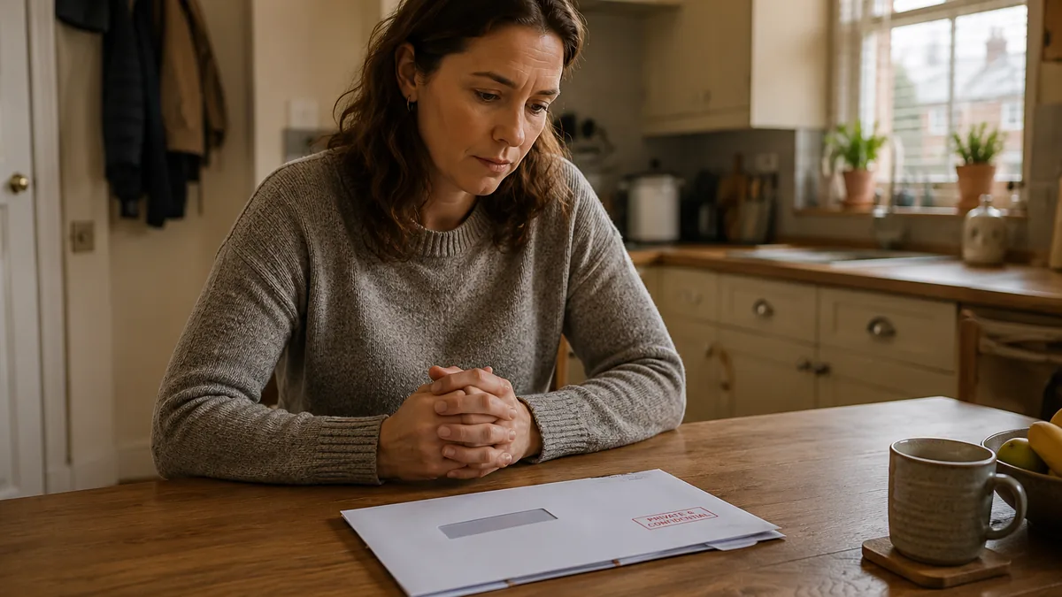 A woman sitting alone with a cup of tea at a kitchen table in a terraced house in England, looking thoughtfully at an unopened letter about family court proceedings