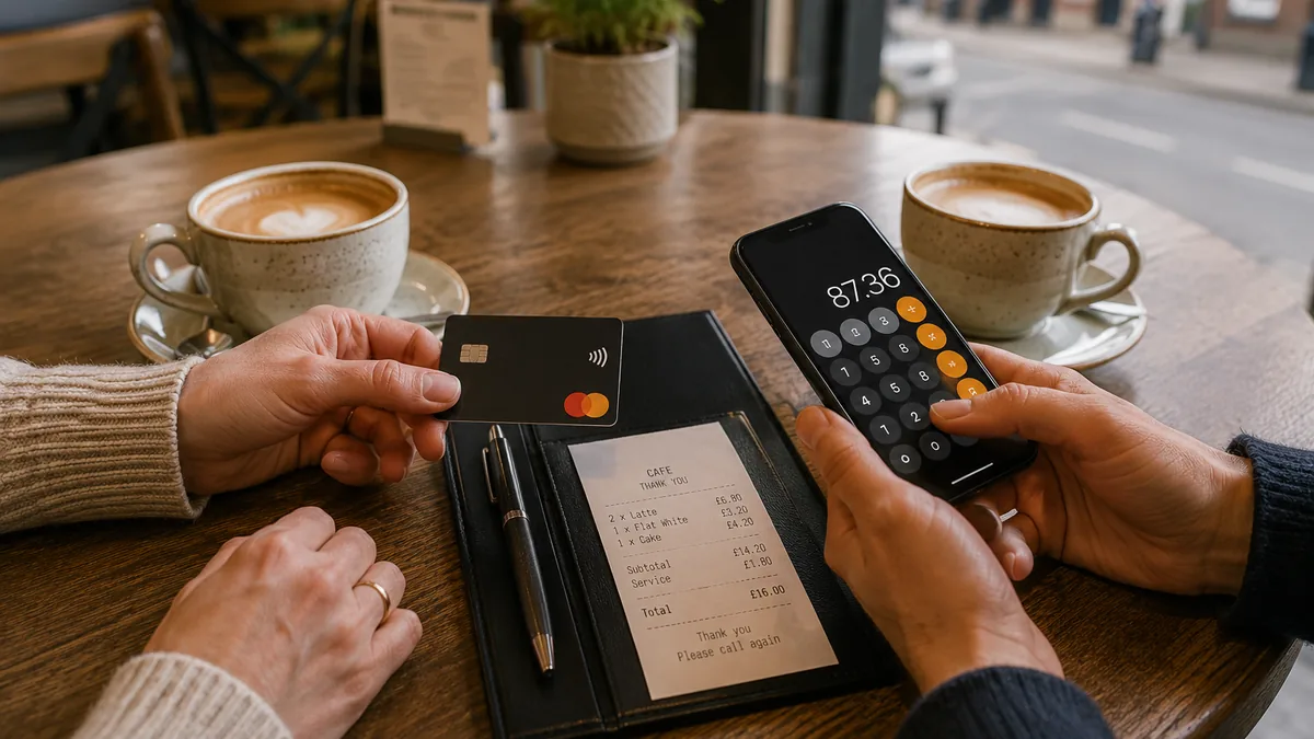 Two coffee cups and a shared bill folder on a cafe table in a UK town, one person holding a bank card while the other checks figures on a phone